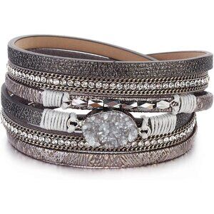 Leather Wrap Bracelet Boho Cuff Crystal Bead Jewelry for Women